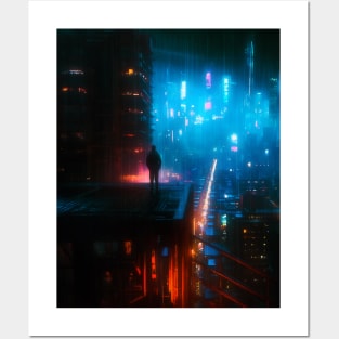 Man Overlooking Neon Lit Cityscape Posters and Art